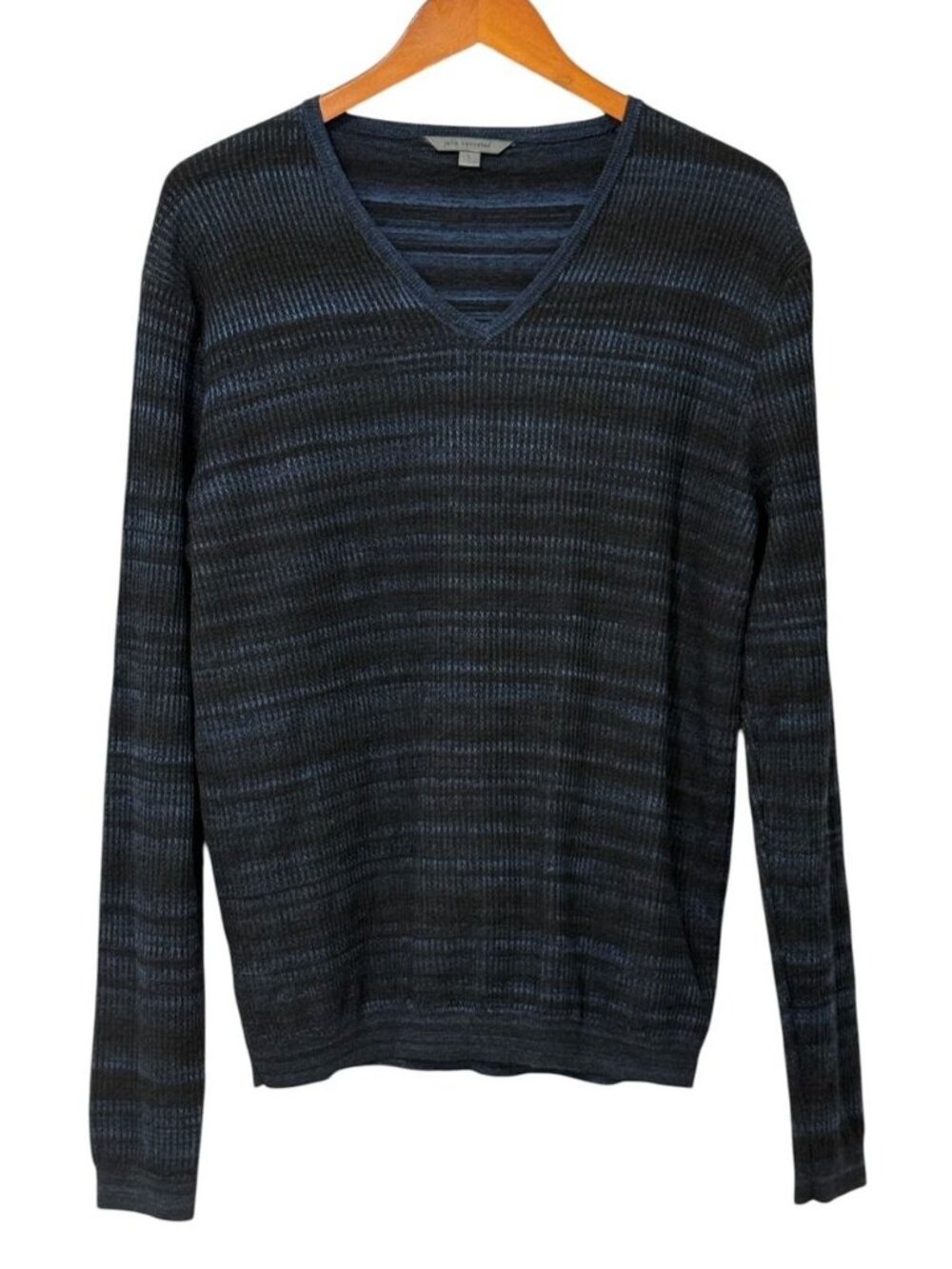 John Varvatos Men's V-Neck Sweater Blue Black Striped Ribbed Wool Blend Size L